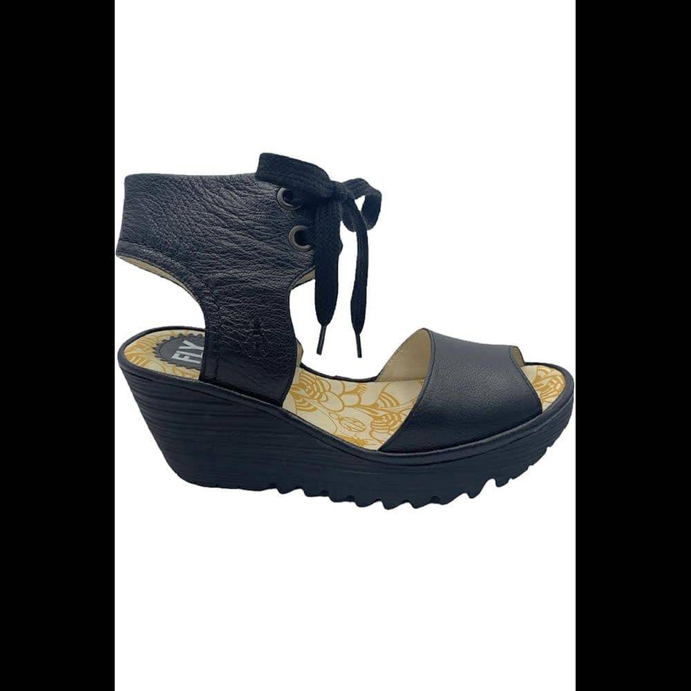 FLY London Leather Lace-Up Wedges Yove Black - Wide